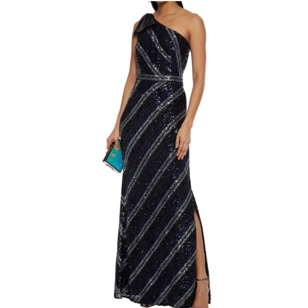 Marchesa Notte Sequin Multicolor Striped Bow-shoulder Column Gown In Black/ Navy